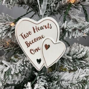Christmas Ornament-White And Rose Gold “Two Hearts Become One.”